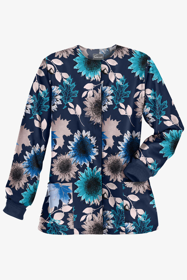 Butter-Soft Autumn Sunflowers Navy Women's 2-Pocket Warm-Up Print Scrub Jacket - null - 1