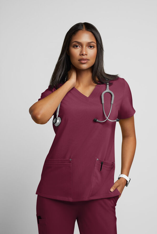 Easy STRETCH Lina Mitered Women's 4-Pocket V-Neck Scrub Top - Wine - 2