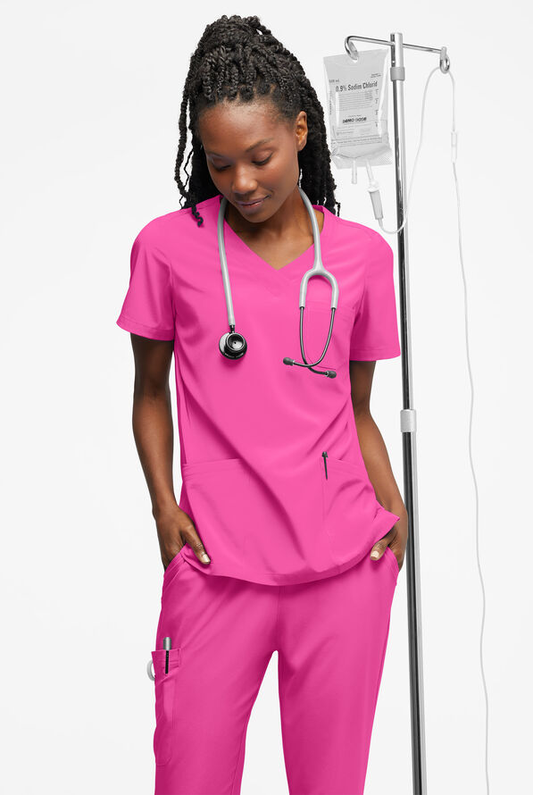 Easy STRETCH Tessa Women's 5-Pocket V-Neck Scrub Top - Glam Pink - 4