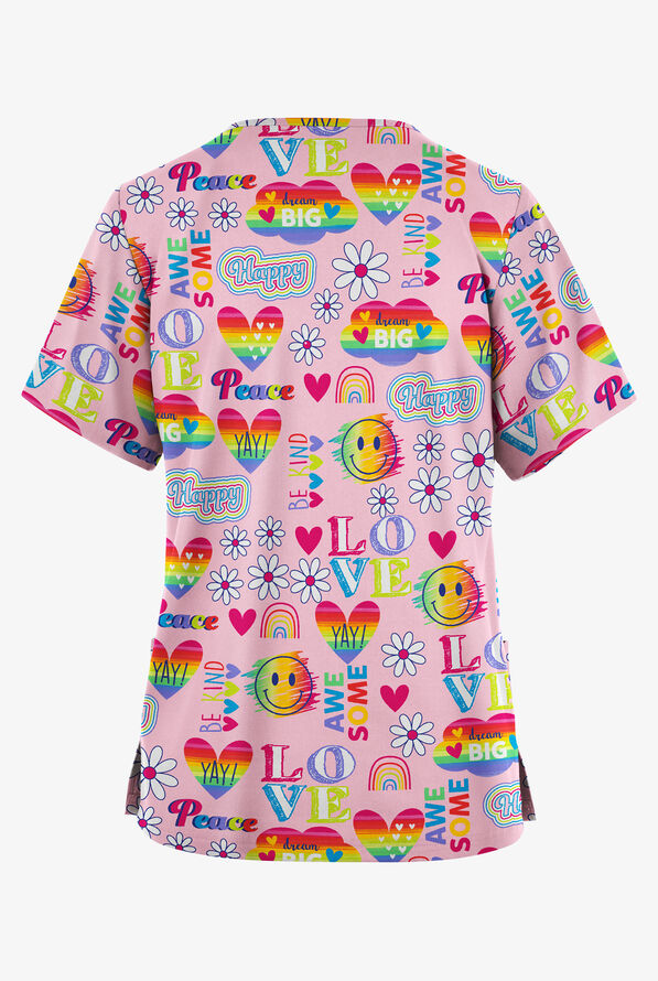 Blusa m&eacute;dica estampada Butter-Soft Originals Good Vibes Only Fuchsia con cuello en V y 2 bolsillos para mujer - null - 2