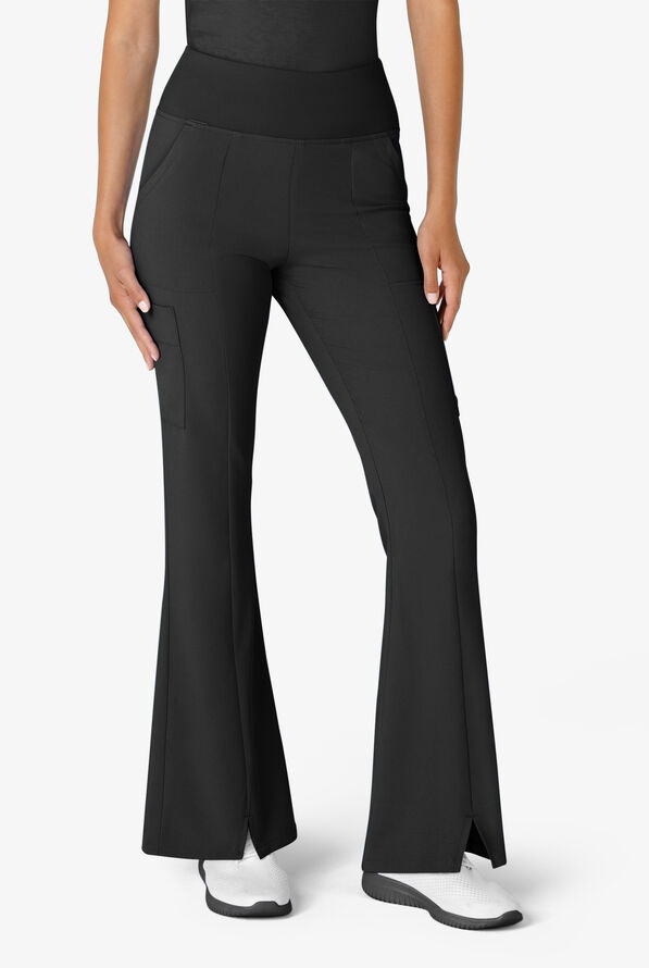 Wink Renew Women's 7-Pocket STRETCH Yoga Waist Flare Notch Leg Cargo Scrub Pants - Black - 1