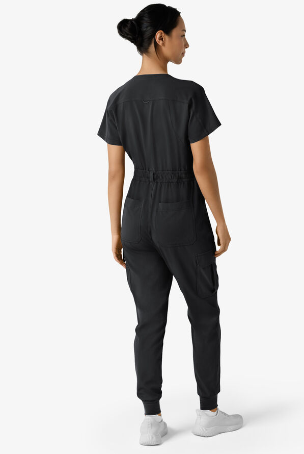 Wink Renew Women's 7-Pocket STRETCH V-Neck Cargo Jogger Jumpsuit - Black - 3