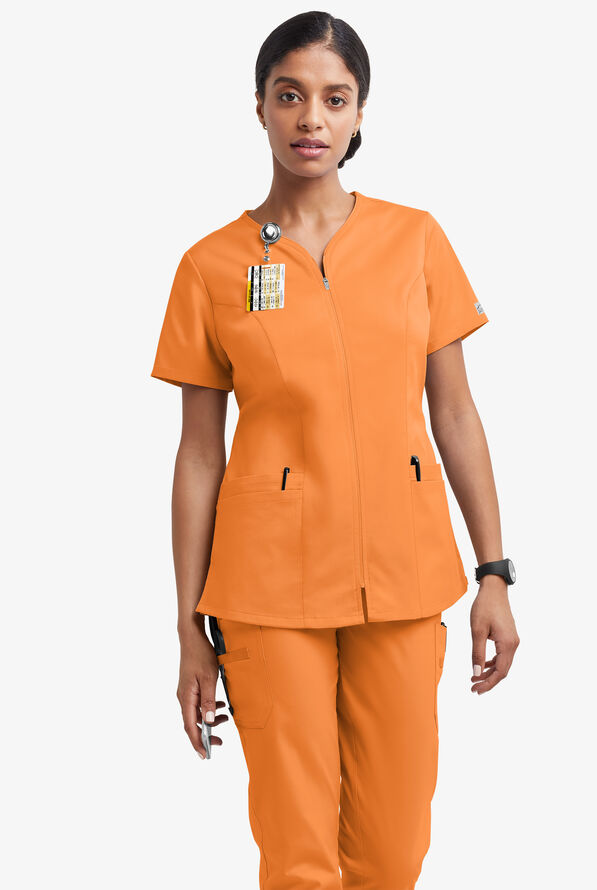 Butter-Soft STRETCH Women's 4-Pocket Smooth Face Zipper Scrub Top - Apricot Crush - 2