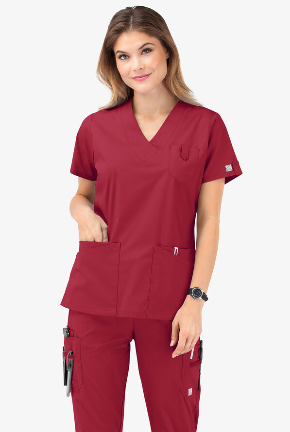 Butter-Soft STRETCH Women's 6-Pocket V-Neck Scrub Top - Ruby - 8