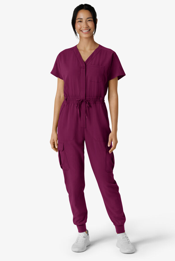 Wink Renew Women's 7-Pocket STRETCH V-Neck Cargo Jogger Jumpsuit - Wine - 1