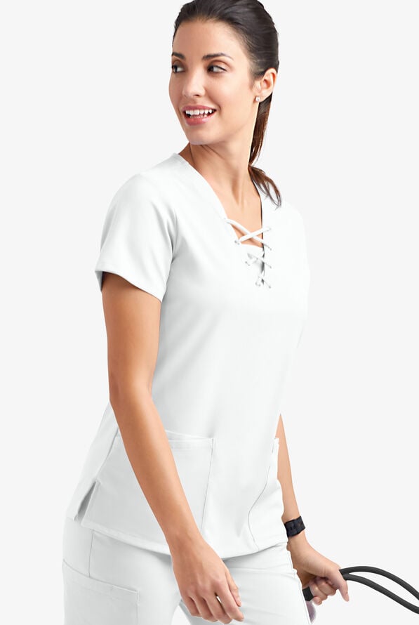 Easy STRETCH Gisele Women's 4-Pocket Lace Up V-Neck Scrub Top - White - 3
