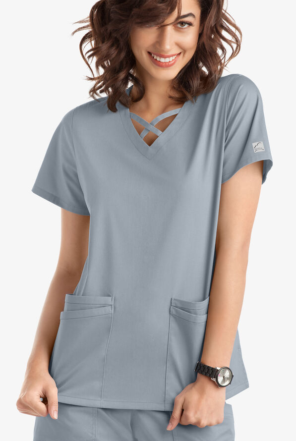 Butter-Soft STRETCH Women's 4-Pocket Crisscross Scrub Top - Silver - 2