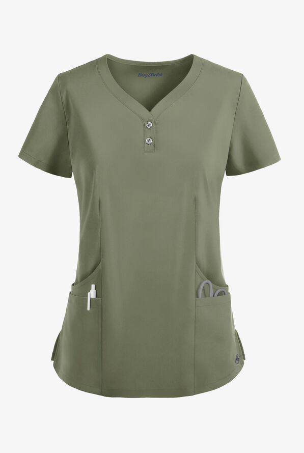 Easy STRETCH Demi Women's 4-Pocket Henley Scrub Top - Olive Leaf - 1