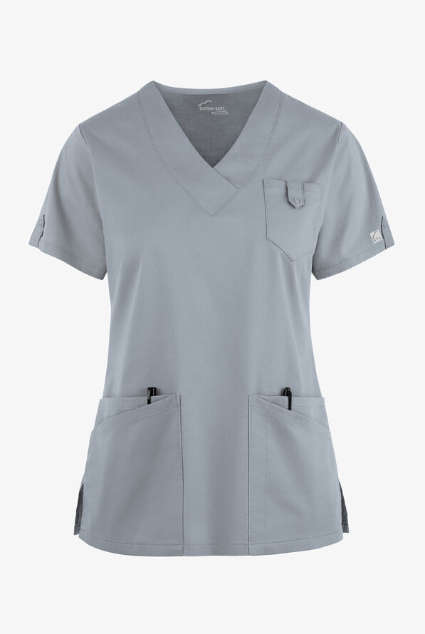 Butter-Soft STRETCH Women's 6-Pocket V-Neck Scrub Top - Silver - 1