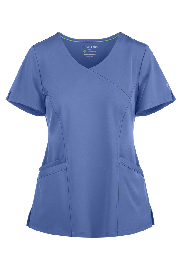 HH Works by Healing Hands Madison Women's 4-Pocket STRETCH Mock Wrap Scrub Top - Ceil Blue - 1