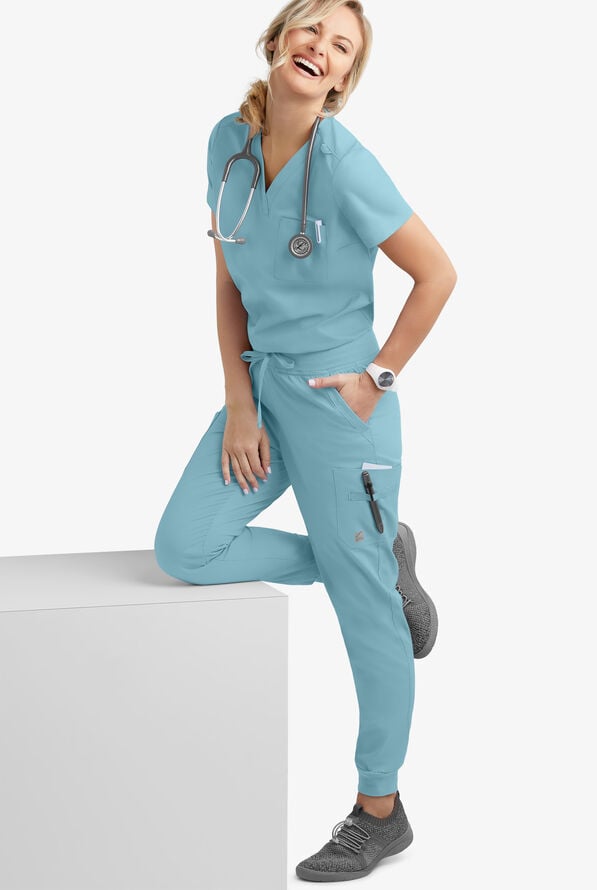 Butter-Soft STRETCH Women's 2-Pocket V-Neck Tuck-In Scrub Top - Dew Drop - 2