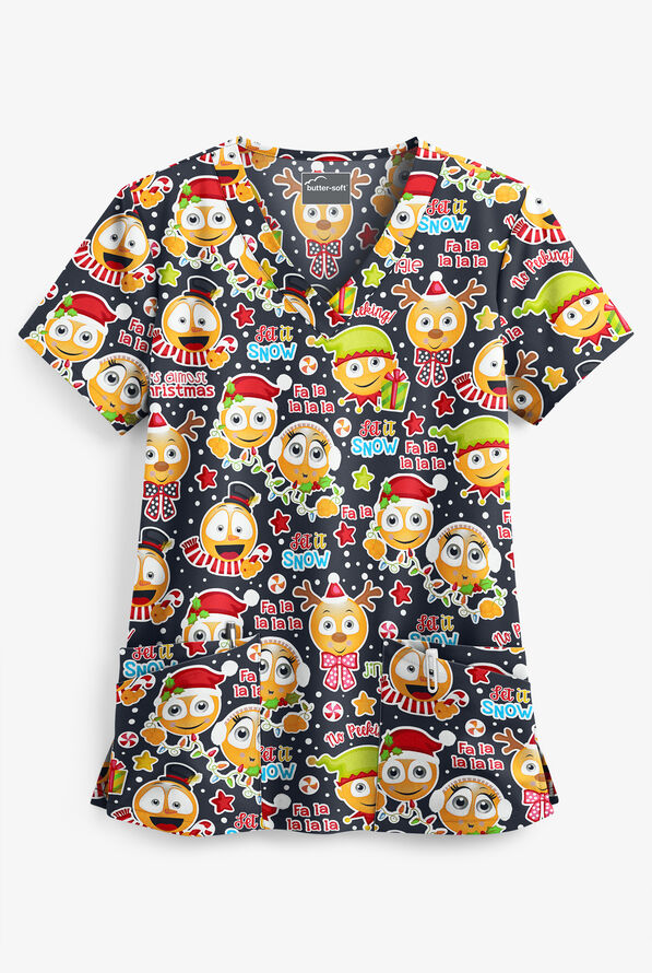 Butter-Soft Holiday Emoji Pewter Women's 4-Pocket Rounded V-Neck Print Scrub Top - null - 1