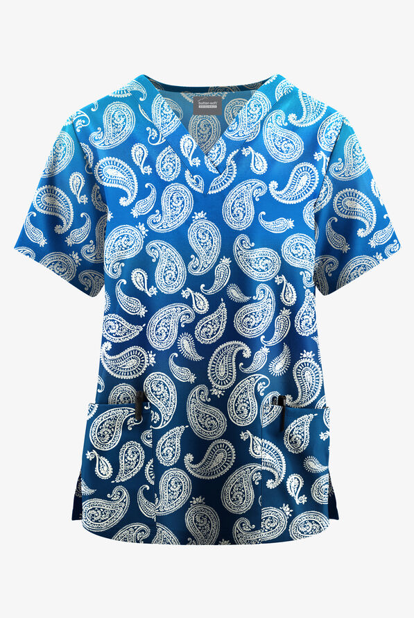Butter-Soft Originals Paisley Gradient Women's 2-Pocket Classic Fit V-Neck Print Scrub Top - null - 1
