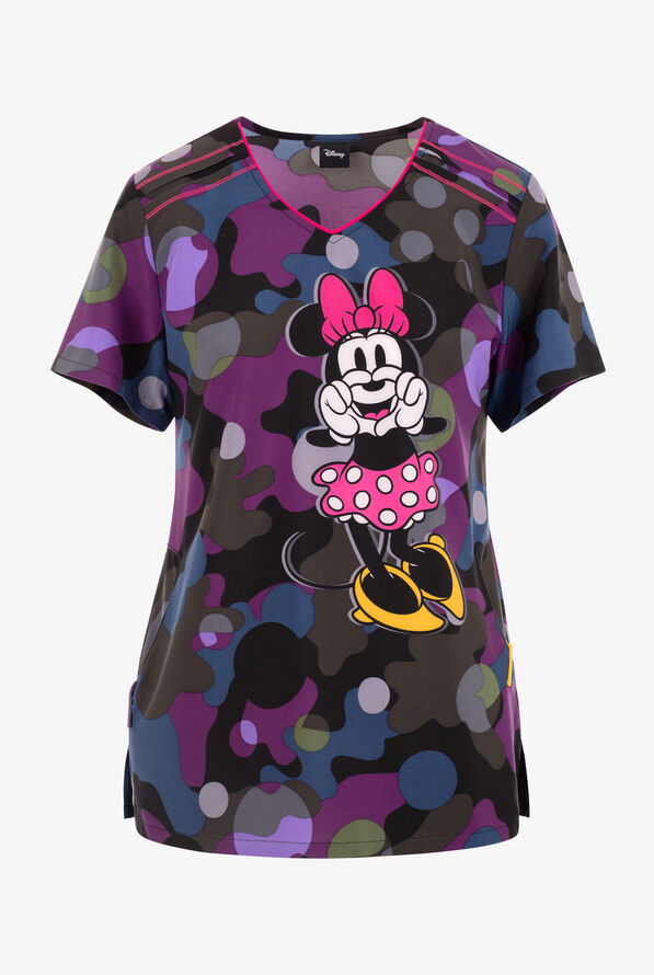 Blusa médica estampada Tooniforms Disney's Minnie Mouse Dot's A Camo STRETCH con cuello en V y 2 bolsillos para mujer - null - 1