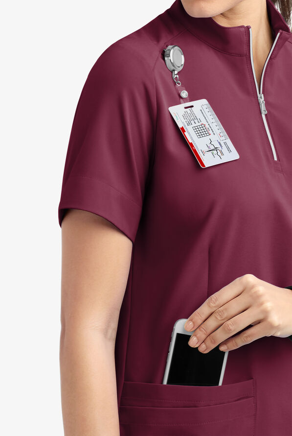 Easy STRETCH Jen Women's 4-Pocket Zip-Neck Short Sleeve Scrub Top - Wine - 6