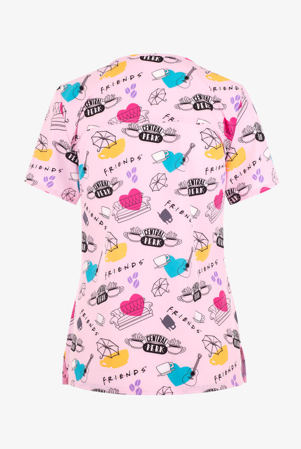 Tooniforms Friends Coffee Time Women's 2-Pocket STRETCH V-Neck Print Scrub Top - null - 2