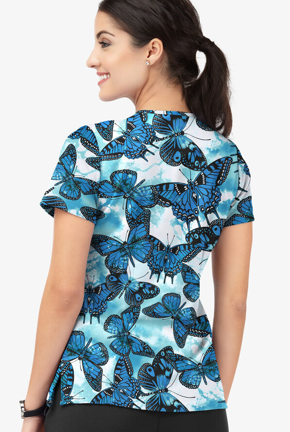 Easy STRETCH Butterfly Oasis Women's 4-Pocket Lace Up V-Neck Print Scrub Top - null - 3