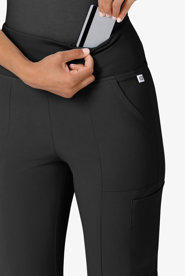 Wink Renew Women's 7-Pocket STRETCH Yoga Waist Flare Notch Leg Cargo Scrub Pants - Black - 2