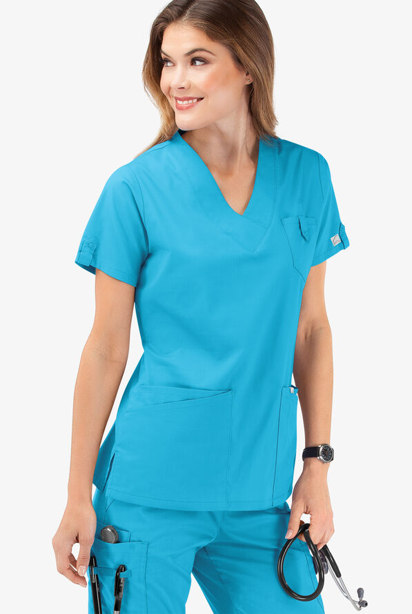 Butter-Soft STRETCH Women's 6-Pocket V-Neck Scrub Top - Turquoise - 6