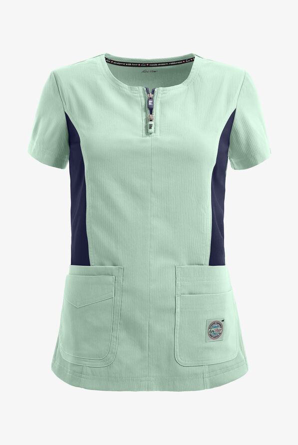 koi Lite™ Serenity Women's 4-Pocket Double Zipper Scrub Top - Sage/Navy - 1