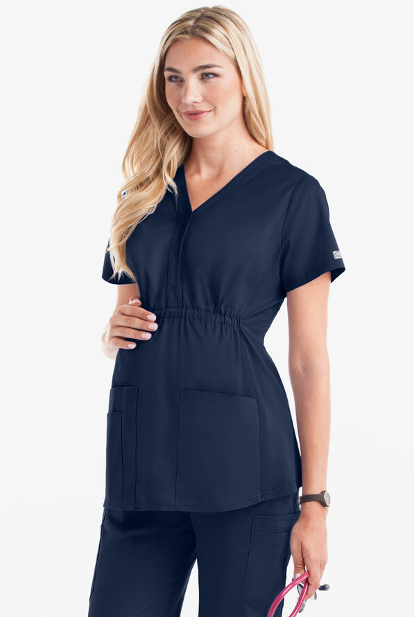 Butter-Soft STRETCH Women's 3-Pocket Knit Panel Maternity Scrub Top - Navy - 2