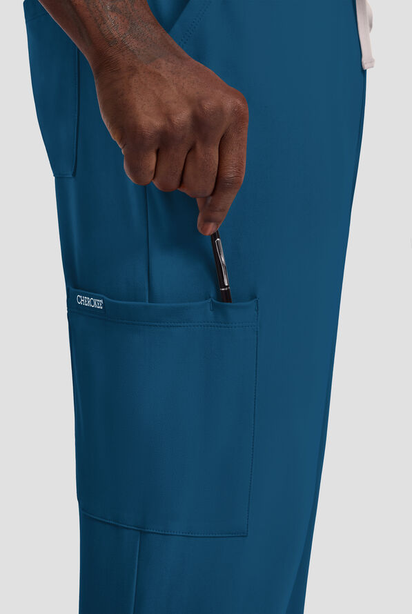Cherokee Achieve Men's 5-Pocket STRETCH Straight Leg Cargo Knit Scrub Pants - Caribbean Blue - 2