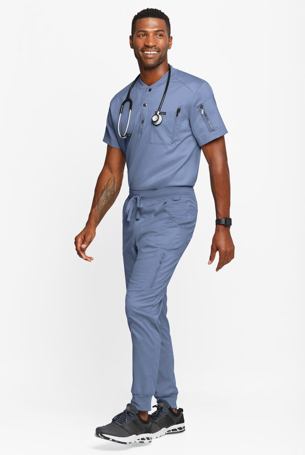 Advantage STRETCH Men's 2-Pocket Short Sleeve Henley Scrub Top - Ceil Blue - 4