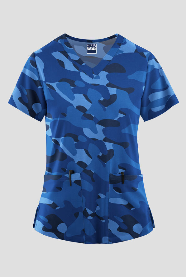 Strictly Scrubs STRETCH Cloud Camo Navy Women's 2-Pocket Mitered V-Neck Print Scrub Top - null - 1