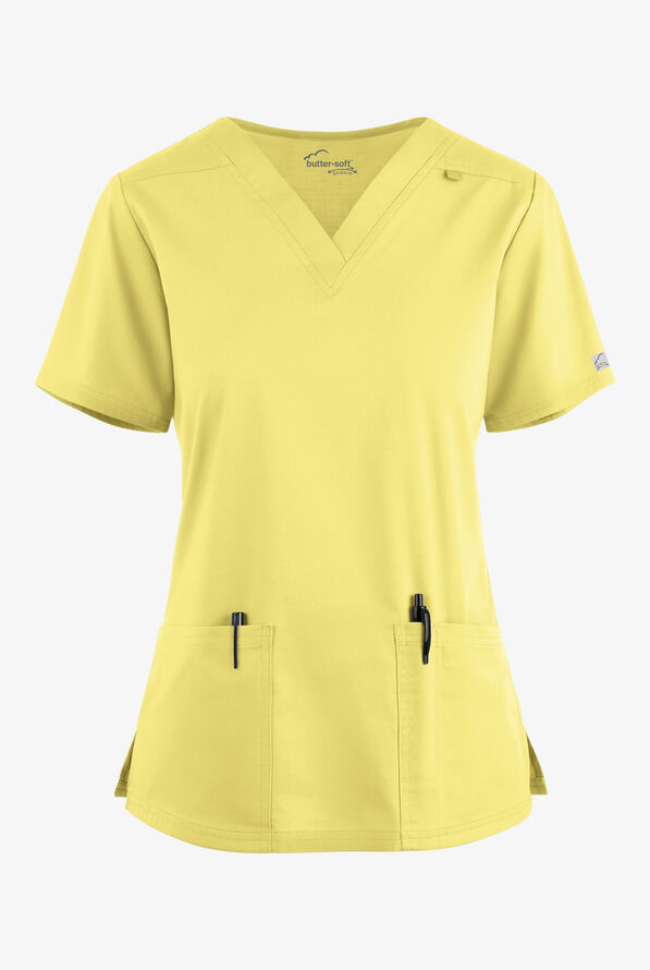 Butter-Soft STRETCH Women's 4-Pocket V-Neck Scrub Top - Lemon Sherbet - 1