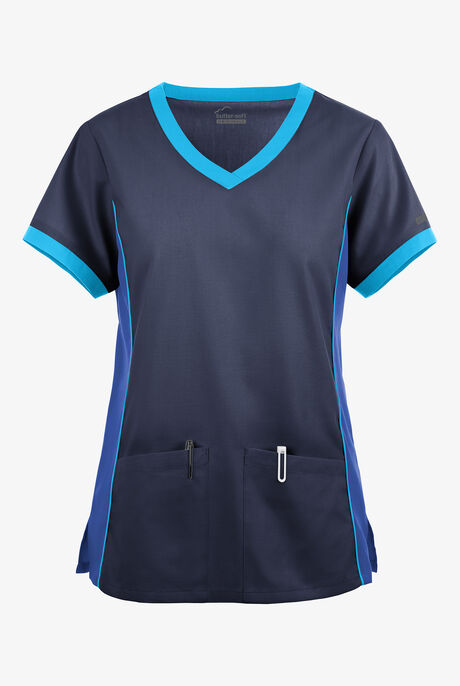 Butter-Soft Originals Women's 4-Pocket V-Neck Tri-Colorblock Scrub Top