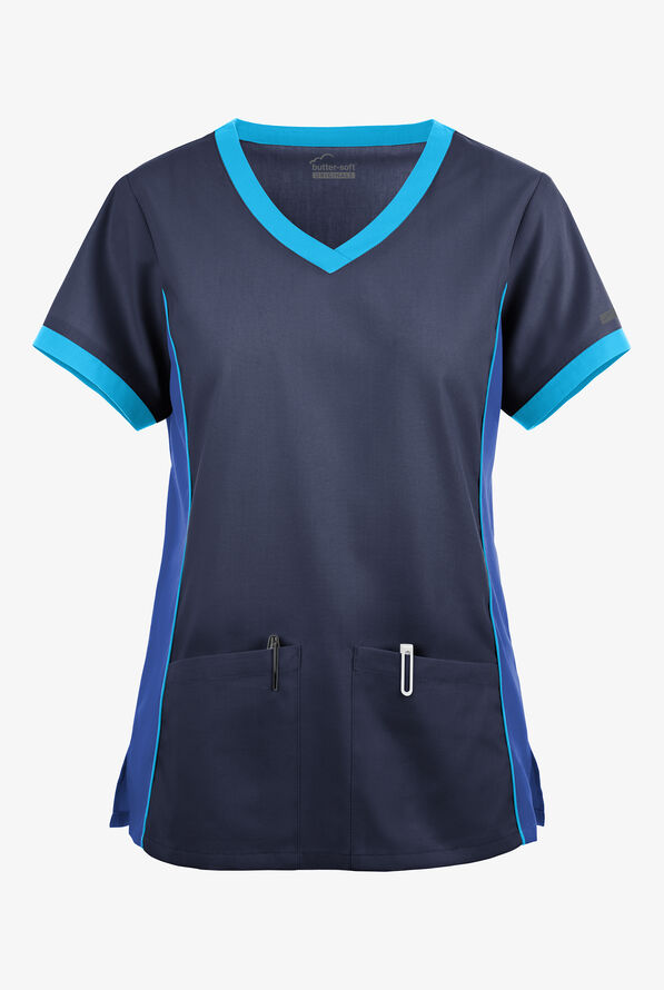 Blusa médica Butter-Soft Originals Tri-Colorblock con cuello en V y 4 bolsillos para mujer - Navy/Galaxy/Turquoise - 1