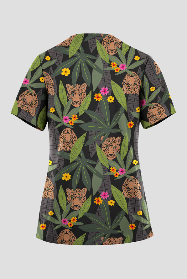 Blusa médica estampada Butter-soft STRETCH Exotic Jungle con cuello en V y 2 bolsillos para mujer - null - 2