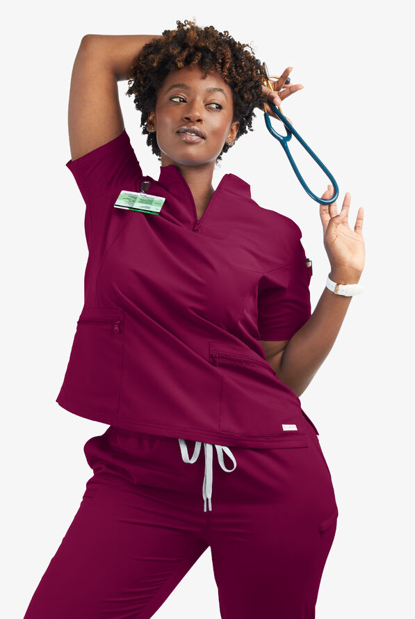 Butter-Soft Women's 5-Pocket Zipper Neck Short Sleeve Scrub Top **Slightly IRREGULAR** - Wine - 8