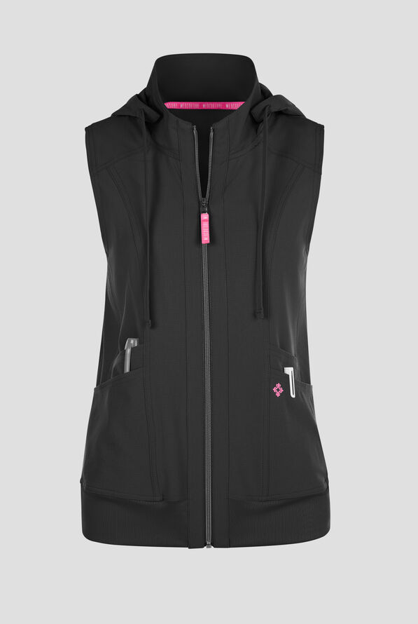 Med Couture Amp Women's 4-Pocket STRETCH Zip Front Removable Hoodie Scrub Vest - Black - 1