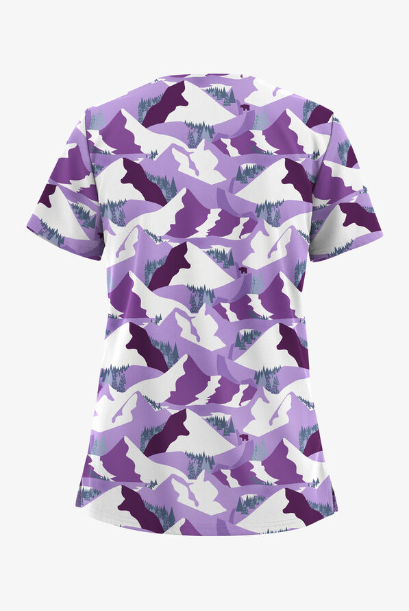 Butter-Soft STRETCH Vail Valley Eggplant Women's 2-Pocket V-Neck Print Scrub Top - null - 2