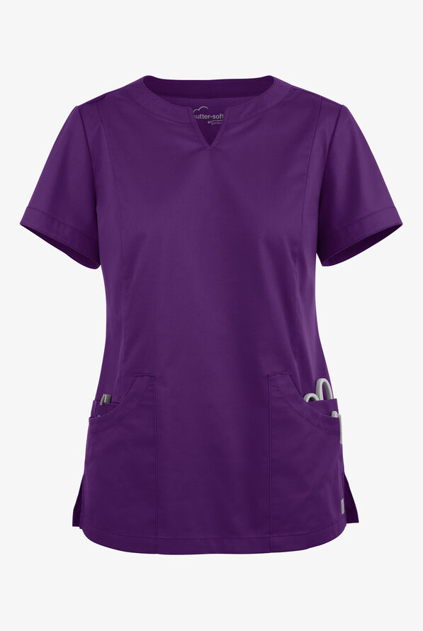 Butter-Soft STRETCH Women's 4-Pocket Notch Neck Scrub Top - Eggplant - 1