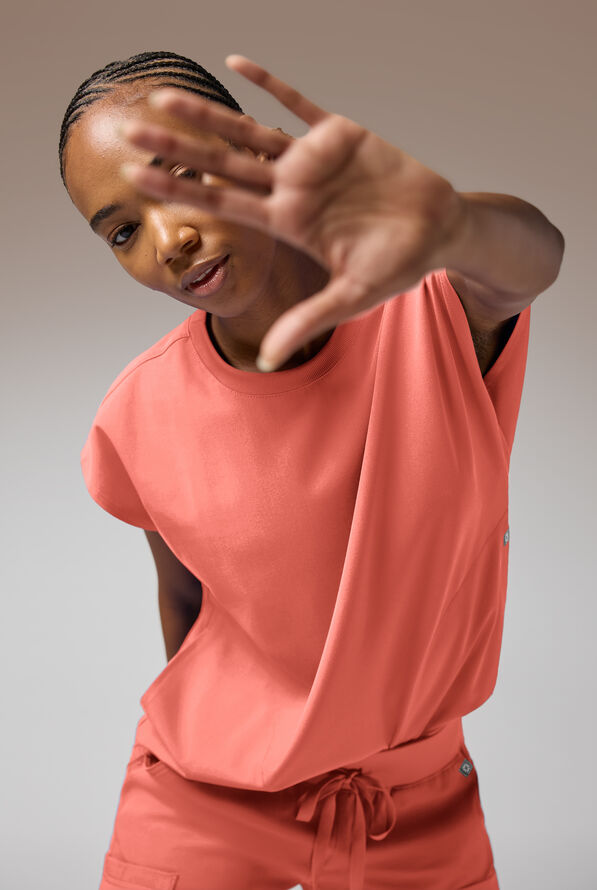 Hypothesis Edge Crew Women's 2-Pocket Relaxed Crew Neck Dolman Sleeve Scrub Top - Thermal Coral - 7