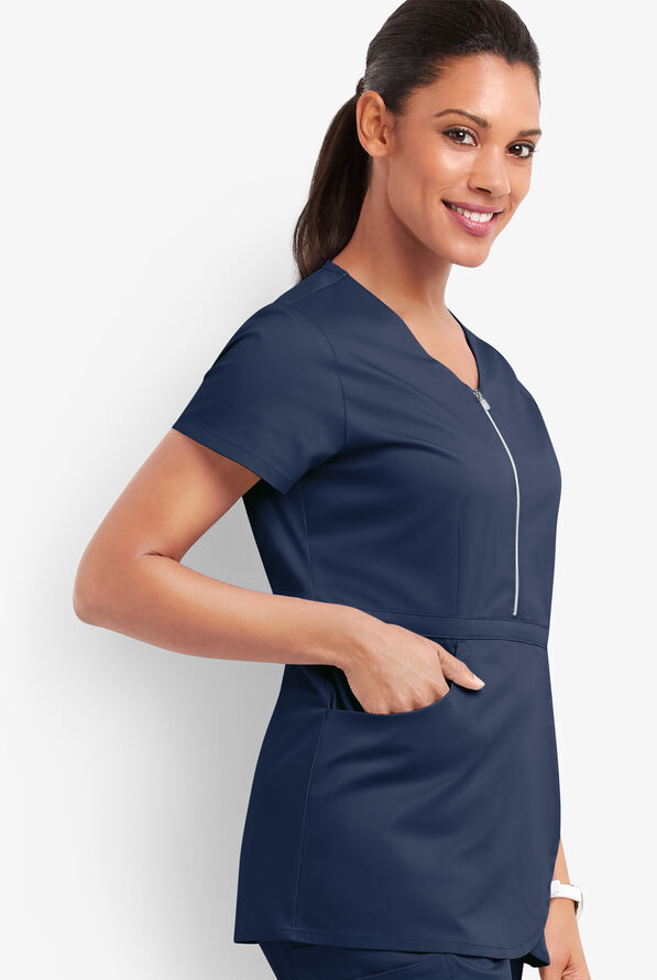 Butter-Soft STRETCH Women's 3-Pocket Zip Peplum Scrub Top - Navy - 3