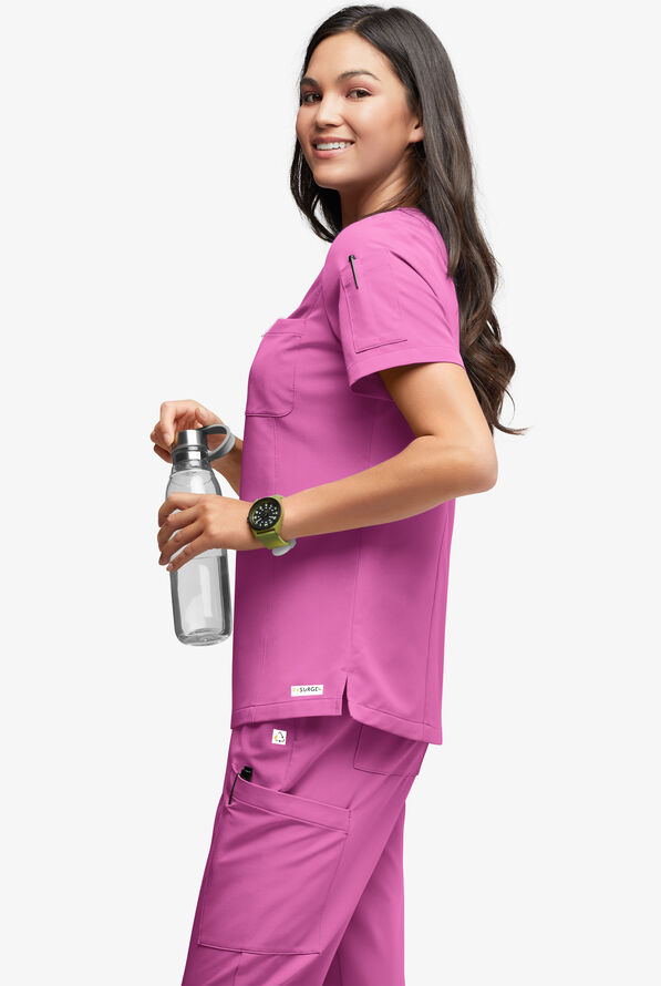 ReSurge Diamond Women's 3-Pocket V-Neck Tuck In / Wear Out Scrub Top - Magnesium Pink - 2