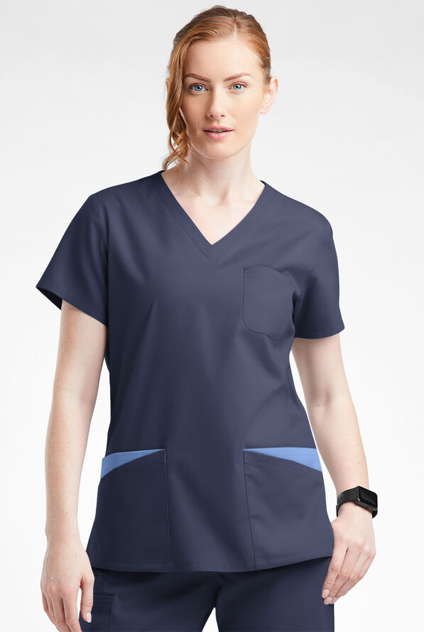 Blusa médica Butter-Soft Originals con cuello en V redondeado y 7 bolsillos para mujer - Navy/Ceil - 2