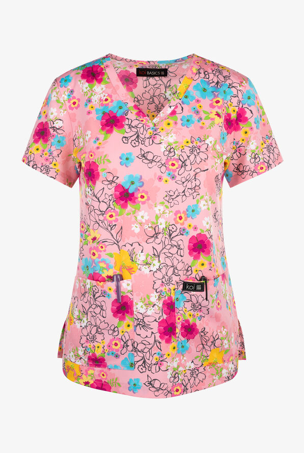 koi Basics Twilight Camellia Floral Women's 2-Pocket STRETCH V-Neck Print Scrub Top - null - 1