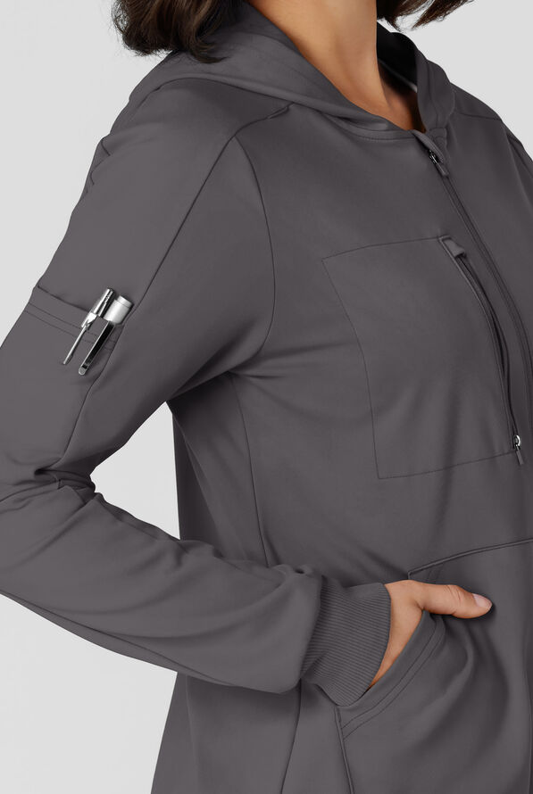 Wink Renew Knit Women's 4-Pocket STRETCH Front Zip Scrub Hoodie Jacket - Pewter - 2