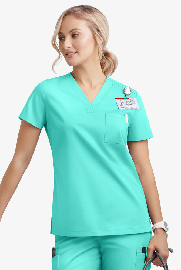 Blusa m&eacute;dica Butter-Soft STRETCH con cuello en V y 2 bolsillos para mujer - Aqua Dust - 3