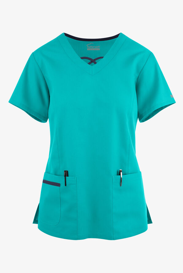 Blusa médica Butter-Soft Originals con cuello entrecruzado en contraste y 3 bolsillos para mujer - Bright Teal/NavyBright Teal/Navy - 1