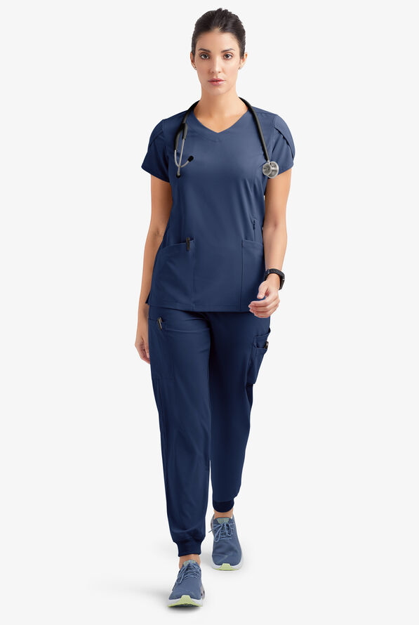 Easy STRETCH Daisy Women's 4-Pocket V-Neck Scrub Top with Petal Sleeves - Navy - 2