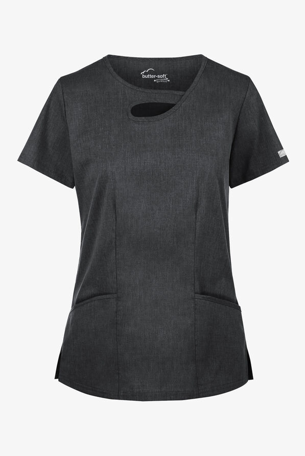 Butter-Soft STRETCH Women's 2-Pocket Asymmetric Keyhole Scrub Top - Heather Charcoal - 1