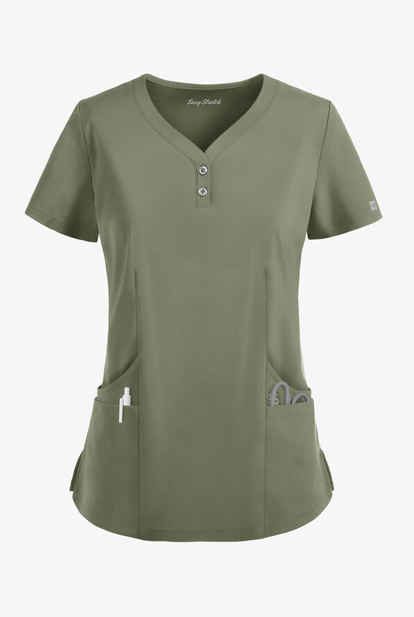 Easy STRETCH Demi Women's 4-Pocket Henley Scrub Top - Olive Leaf - 1