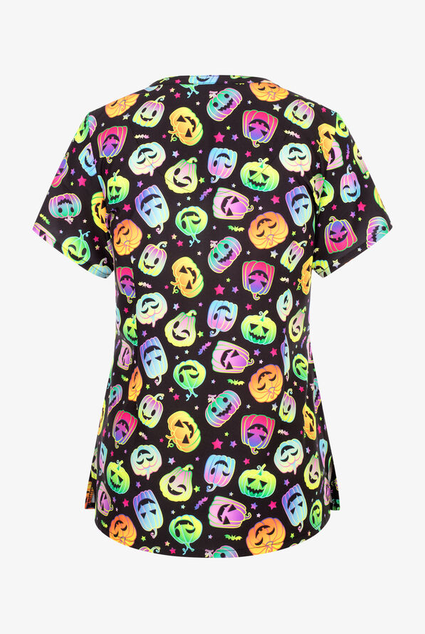 Maevn Pumpkin Madness Women's 3-Pocket STRETCH V-Neck Print Scrub Top - null - 2