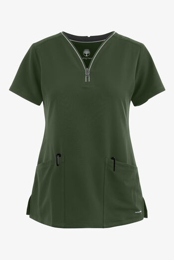 Healing Hands 360 Sonia Women's 3-Pocket STRETCH Reflective Y-Neck Zip Scrub Top