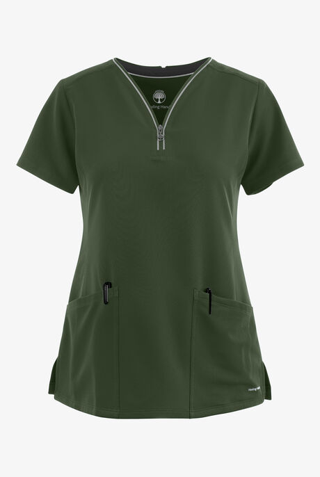 Healing Hands 360 Sonia Women's 3-Pocket STRETCH Reflective Y-Neck Zip Scrub Top